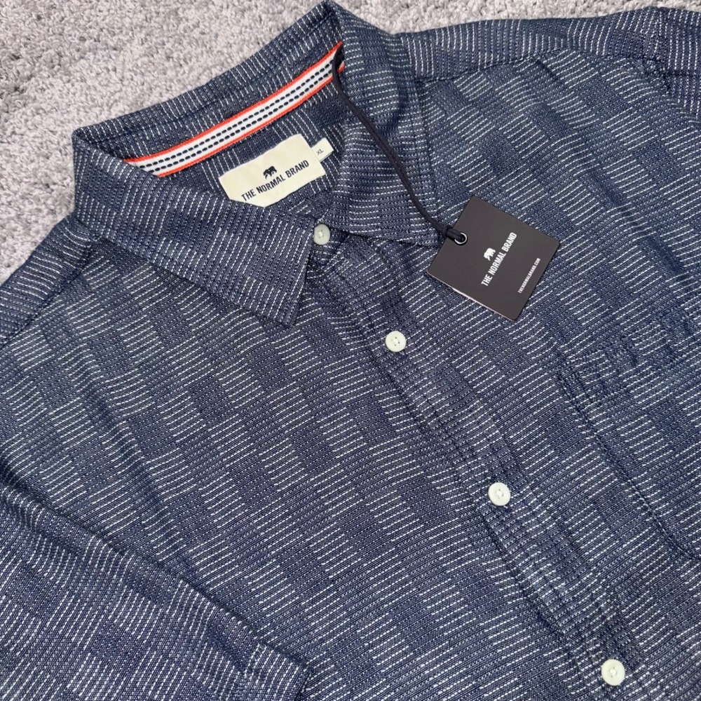 The Normal Brand Short Sleeve Shirt Mens Dobby Geometric Navy Blue XL NEW